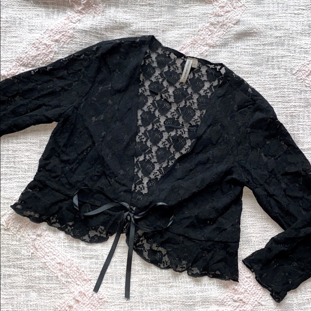 SOLD Lace Ribbon Tie Crop Top Ruffles Black V-Neck